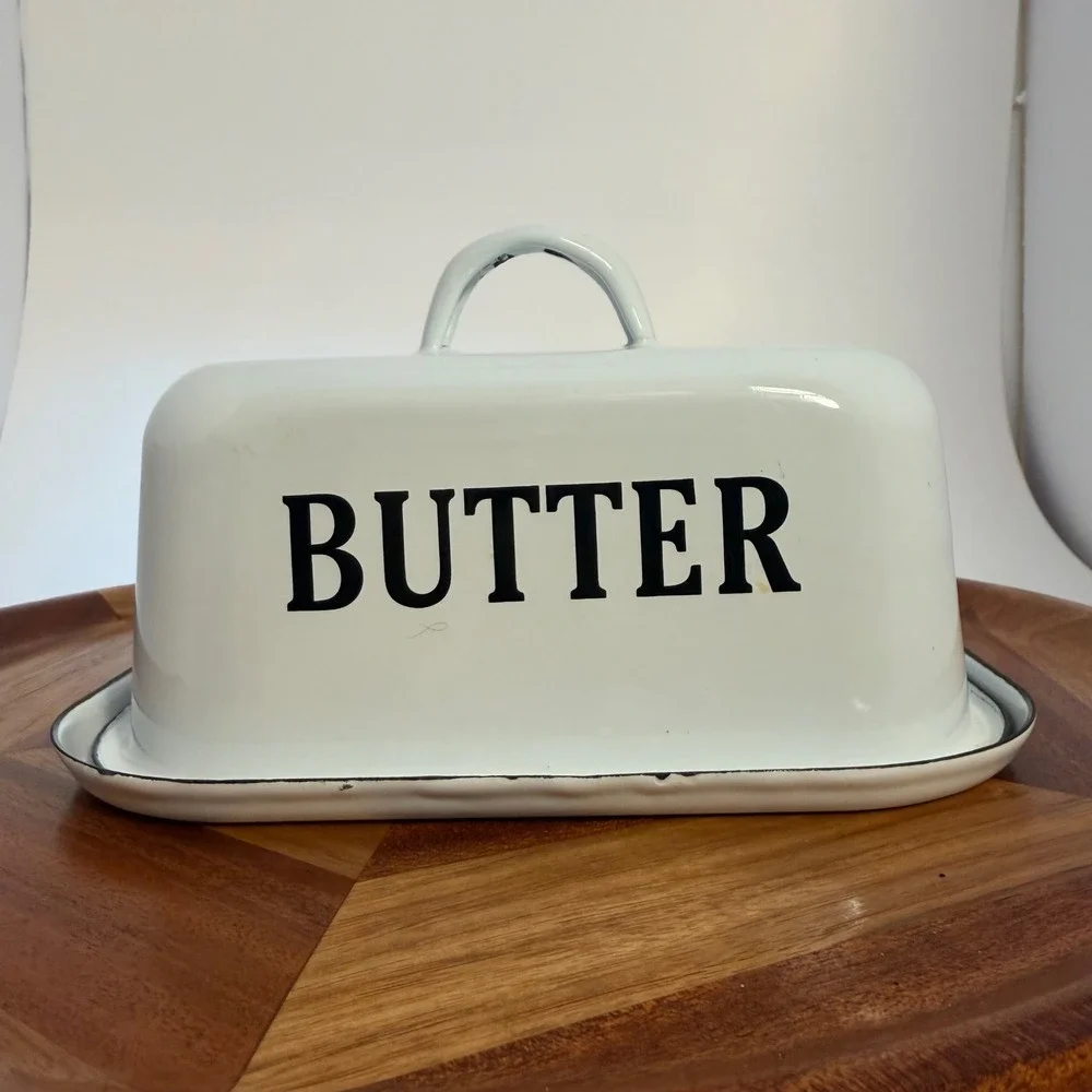 Vintage Farmhouse White Enamel Butter Dish with Lid and Handle Black Rim 6 inch